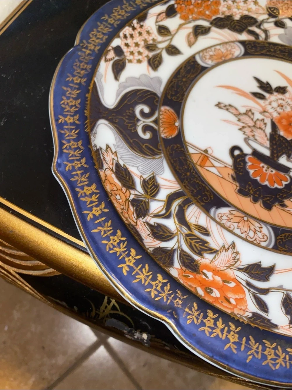 Vintage Decorative Porcelain Accent Plate in Navy, Orange, Gold - Floral Pattern